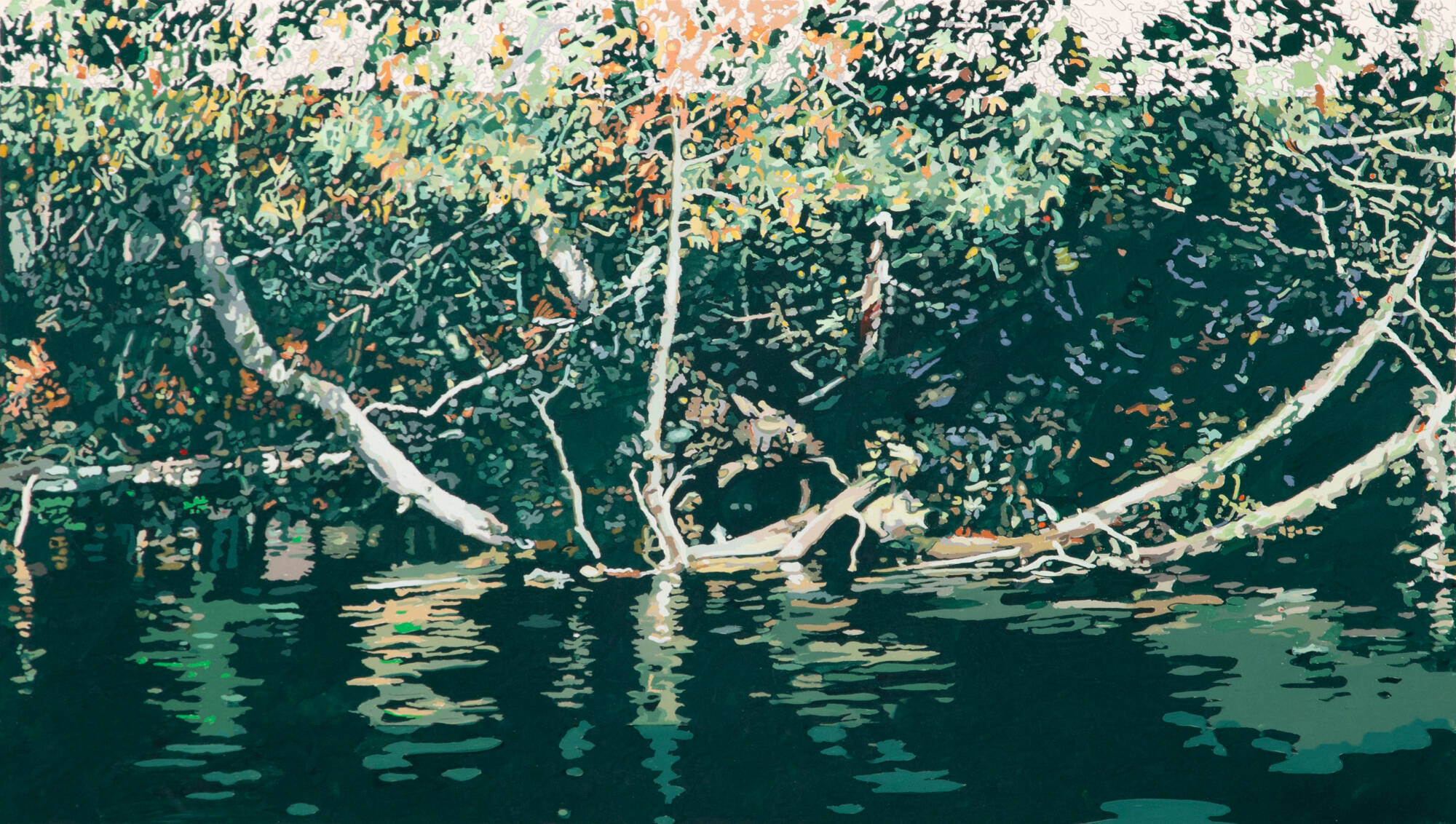 Painting of a view of a riverbank with branches sticking out and reflecting in the water.